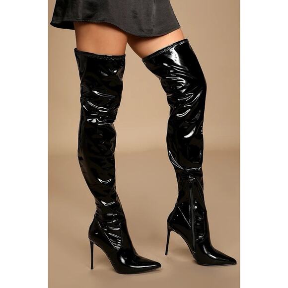 Steve Madden Shoes - Steve Madden "Viktory" Pretty Woman Thigh Black Patent Stiletto Boots 8.5 NEW